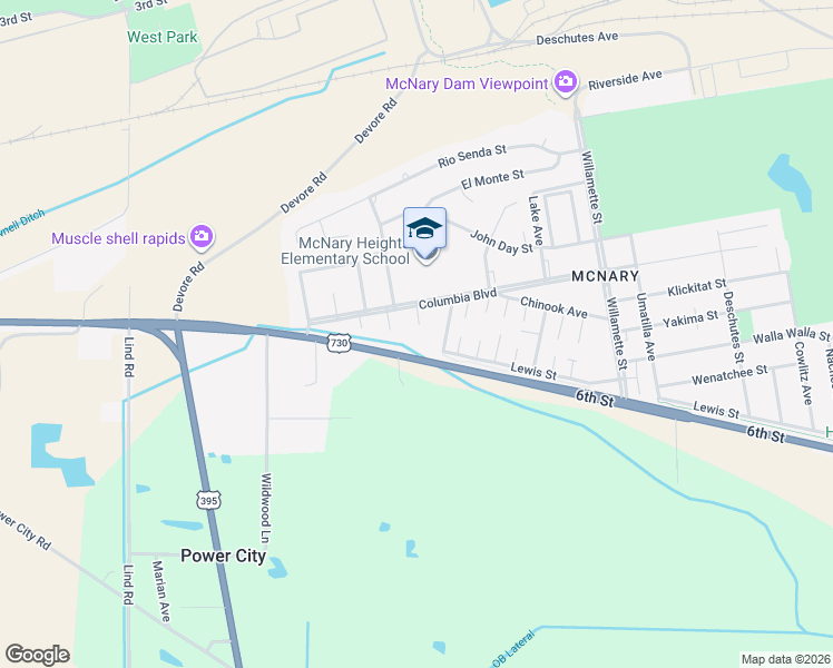 map of restaurants, bars, coffee shops, grocery stores, and more near 115 Alameda Court in Umatilla