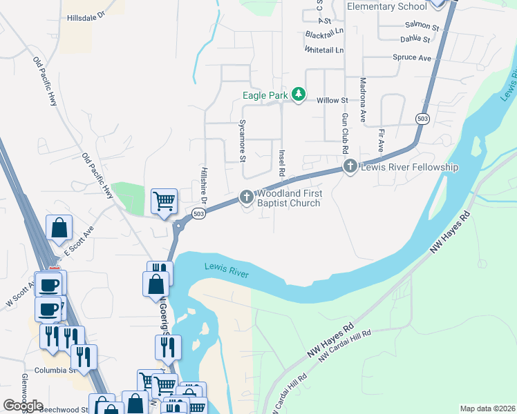 map of restaurants, bars, coffee shops, grocery stores, and more near 75 River Rock Lane in Woodland