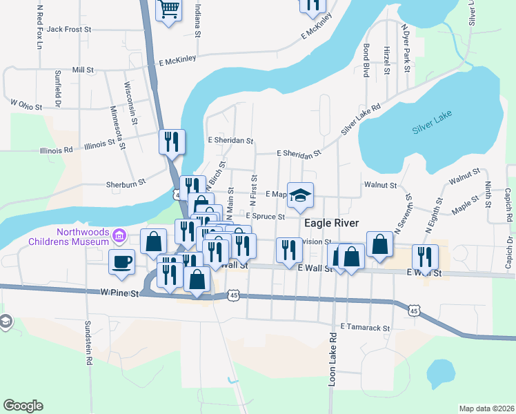 map of restaurants, bars, coffee shops, grocery stores, and more near 211 North 1st Street in Eagle River