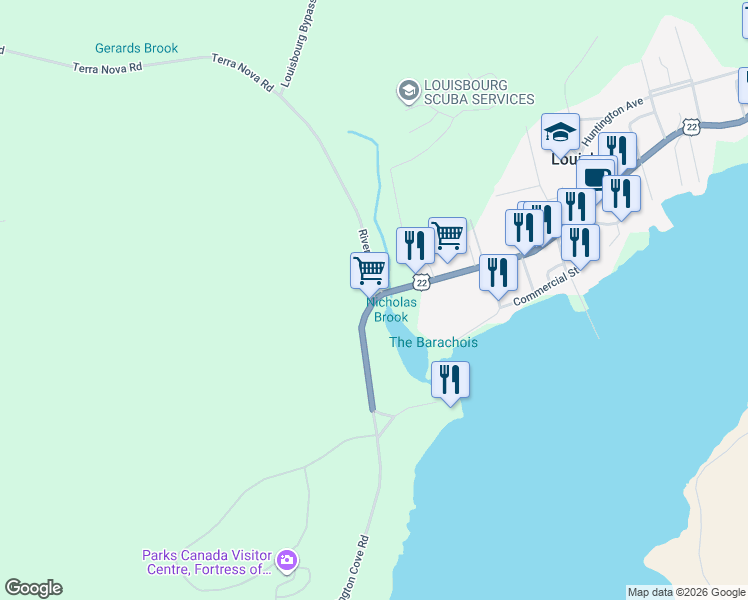 map of restaurants, bars, coffee shops, grocery stores, and more near 0 Wolfe Street in Louisbourg
