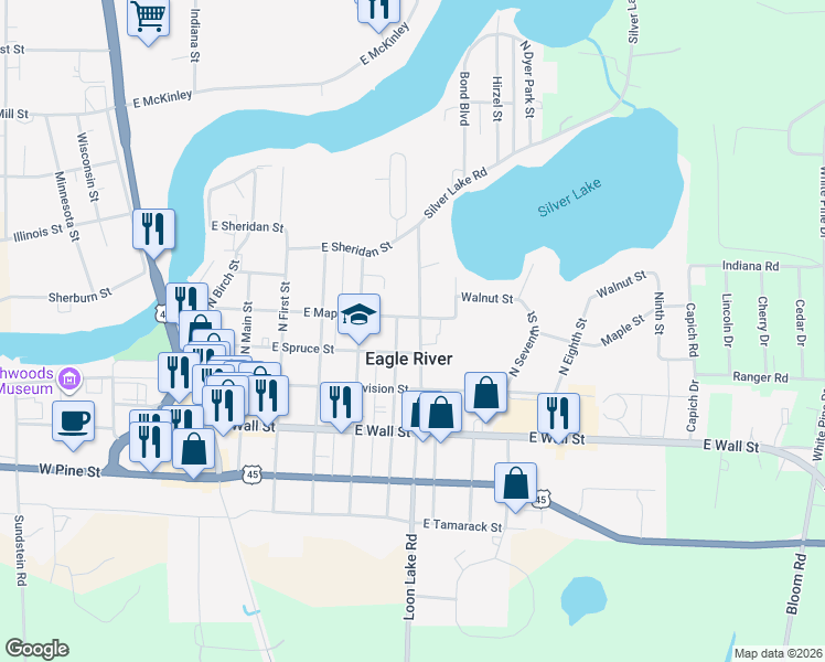 map of restaurants, bars, coffee shops, grocery stores, and more near 218 Silver Lake Road in Eagle River