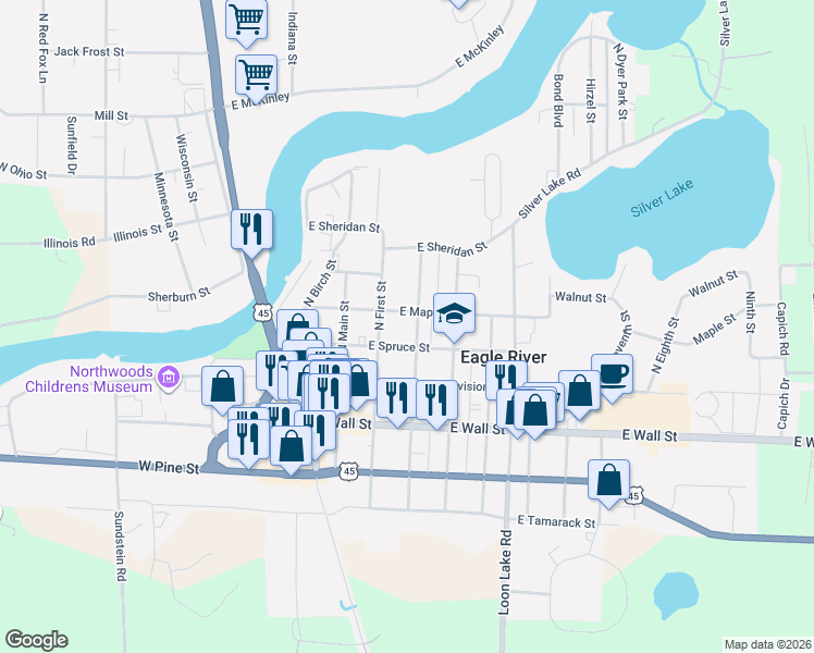map of restaurants, bars, coffee shops, grocery stores, and more near 211 North 1st Street in Eagle River