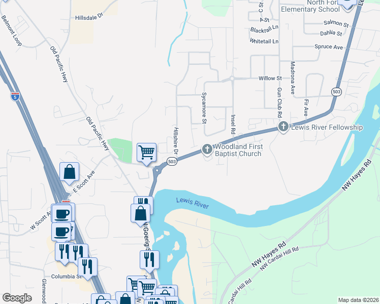 map of restaurants, bars, coffee shops, grocery stores, and more near 1783 Lewis River Road in Woodland