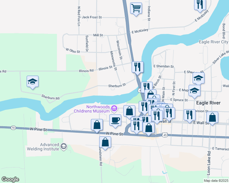 map of restaurants, bars, coffee shops, grocery stores, and more near 328 Sherburn Street in Eagle River