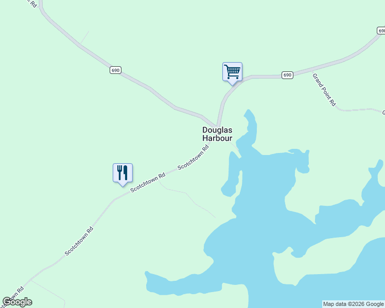map of restaurants, bars, coffee shops, grocery stores, and more near 20 Scotchtown Road in Douglas Harbour