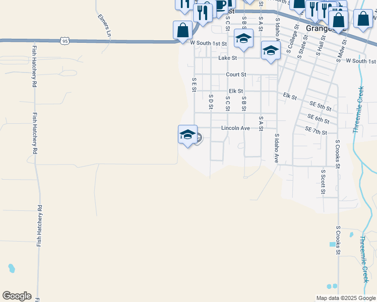 map of restaurants, bars, coffee shops, grocery stores, and more near 910 South D Street in Grangeville
