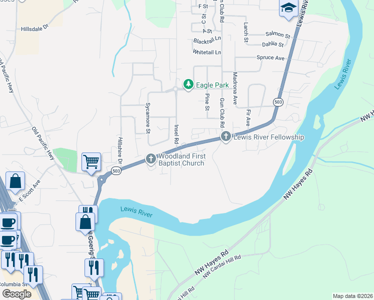 map of restaurants, bars, coffee shops, grocery stores, and more near 151 Coho Loop in Woodland