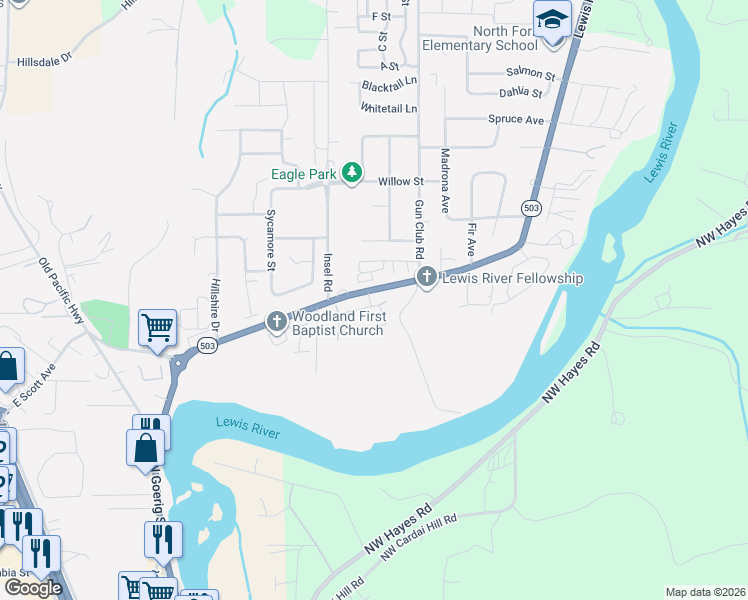 map of restaurants, bars, coffee shops, grocery stores, and more near 117 Coho Loop in Woodland