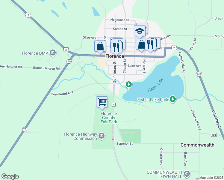 map of restaurants, bars, coffee shops, grocery stores, and more near 717 Woodward Avenue in Florence