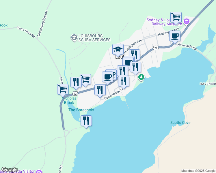 map of restaurants, bars, coffee shops, grocery stores, and more near 7551 Main Street in Louisbourg