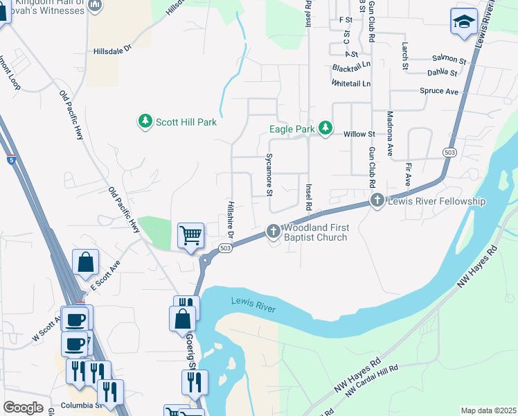 map of restaurants, bars, coffee shops, grocery stores, and more near 179 Loganberry Street in Woodland
