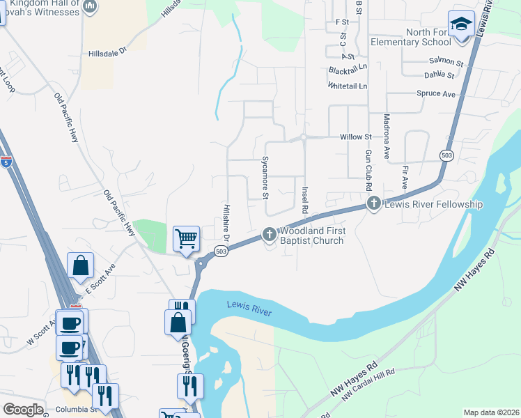 map of restaurants, bars, coffee shops, grocery stores, and more near 215 Sycamore Street in Woodland