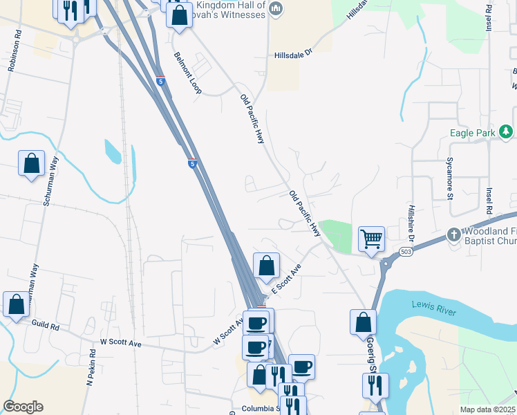 map of restaurants, bars, coffee shops, grocery stores, and more near 9565 Old Pacific Highway in Woodland
