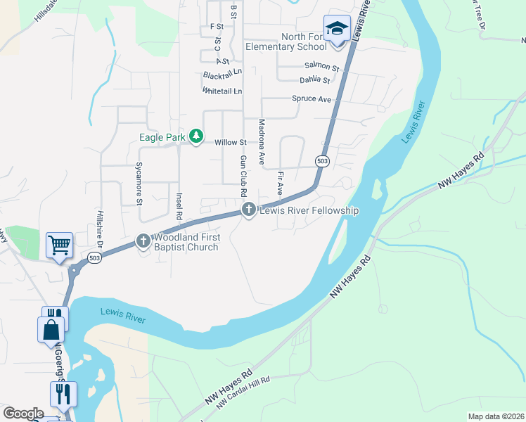 map of restaurants, bars, coffee shops, grocery stores, and more near 2004 Lewis River Road in Woodland