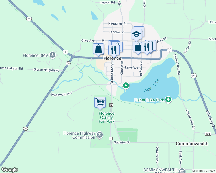map of restaurants, bars, coffee shops, grocery stores, and more near 717 Woodward Avenue in Florence