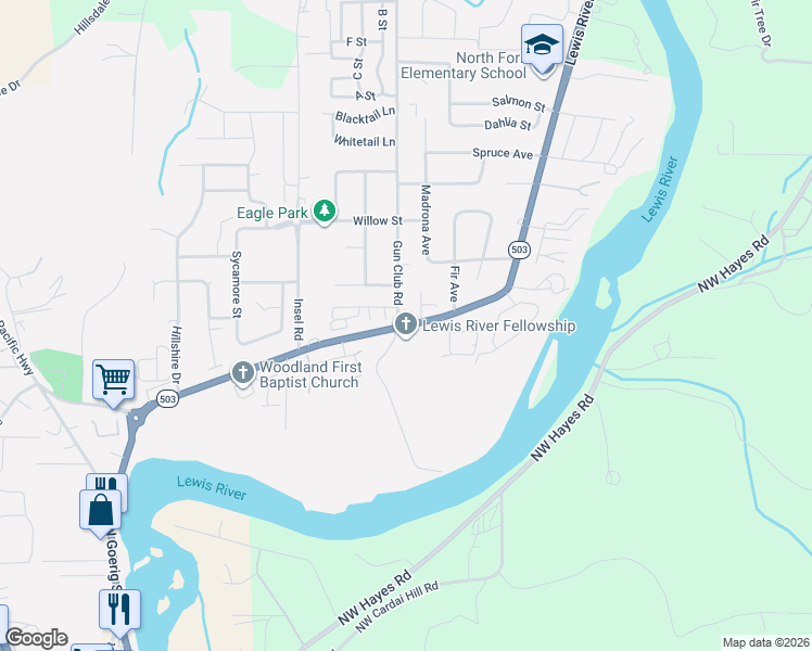 map of restaurants, bars, coffee shops, grocery stores, and more near 2004 Lewis River Road in Woodland