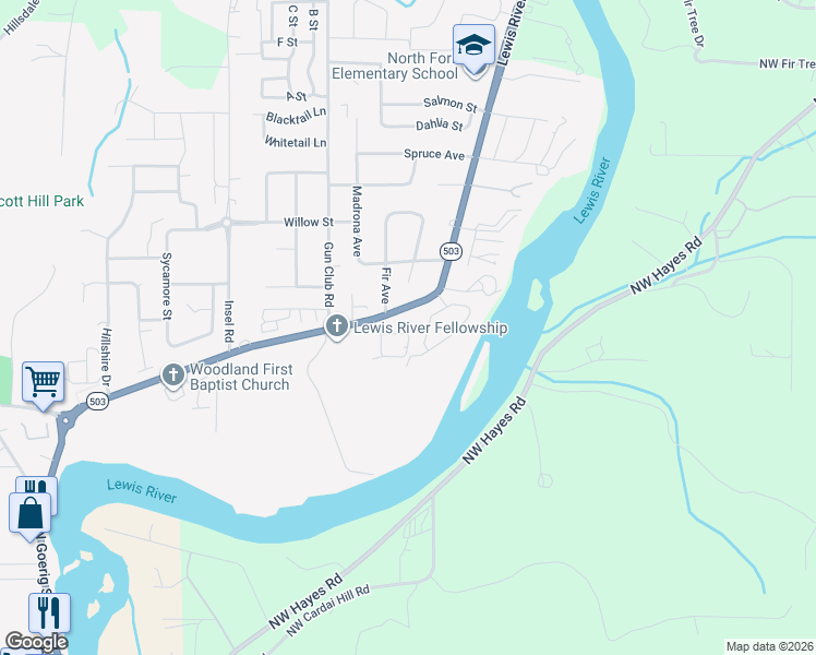 map of restaurants, bars, coffee shops, grocery stores, and more near 2009 Lewis River Road in Woodland