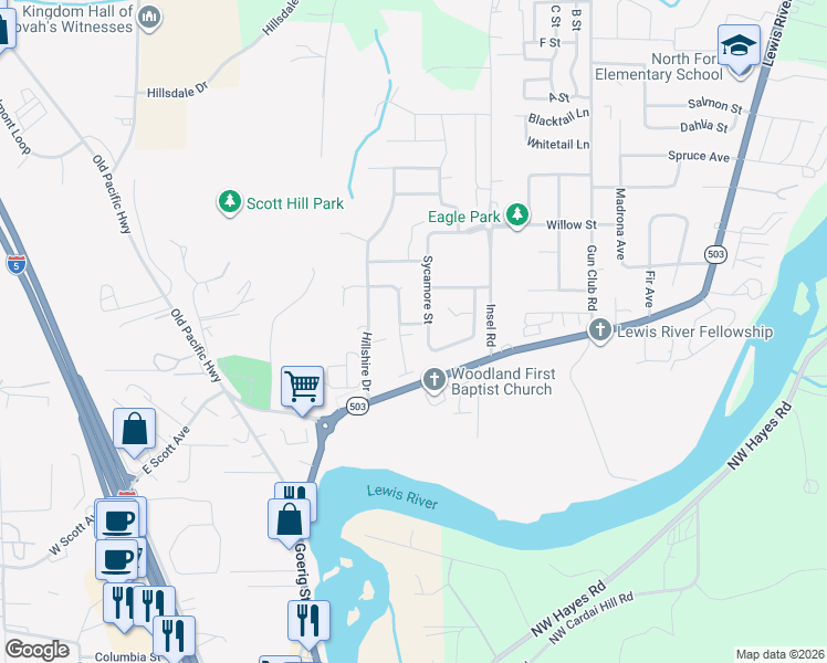 map of restaurants, bars, coffee shops, grocery stores, and more near 179 Loganberry Street in Woodland