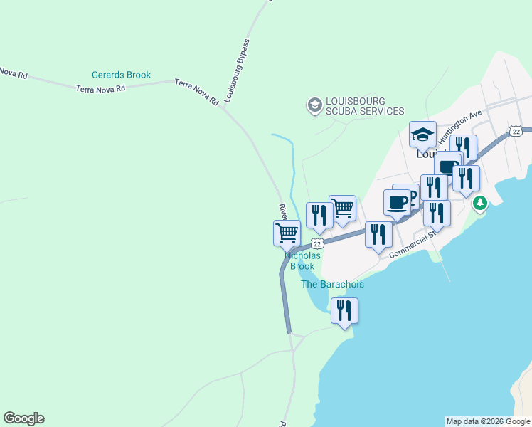 map of restaurants, bars, coffee shops, grocery stores, and more near 17 Riverdale Street in Louisbourg