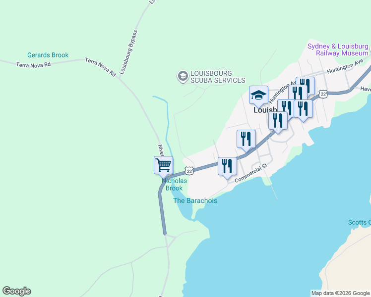 map of restaurants, bars, coffee shops, grocery stores, and more near 12 Lorway Street in Louisbourg