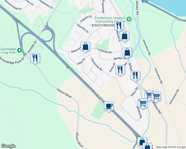 map of restaurants, bars, coffee shops, grocery stores, and more near 18 Blair Street in Fredericton
