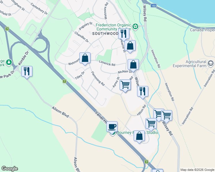 map of restaurants, bars, coffee shops, grocery stores, and more near in Fredericton