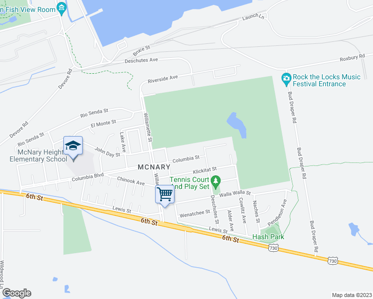 map of restaurants, bars, coffee shops, grocery stores, and more near 605 Umatilla Avenue in Umatilla