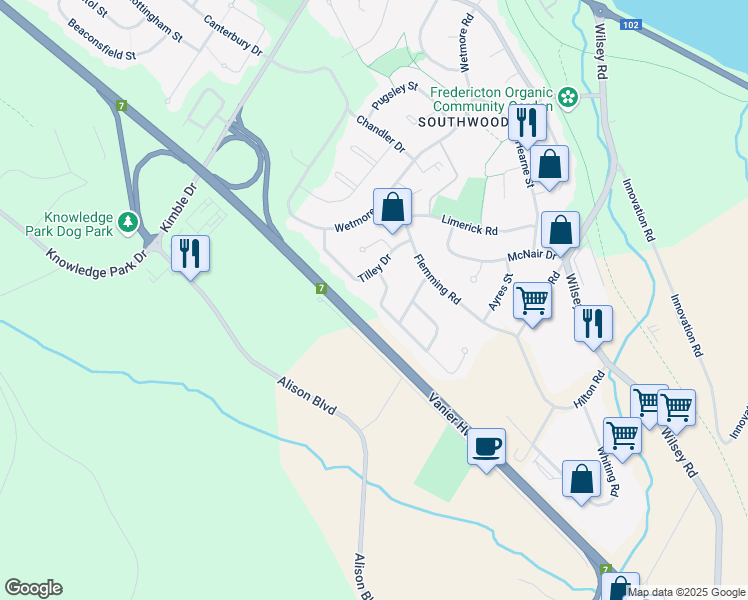 map of restaurants, bars, coffee shops, grocery stores, and more near 34 Emmerson Street in Fredericton