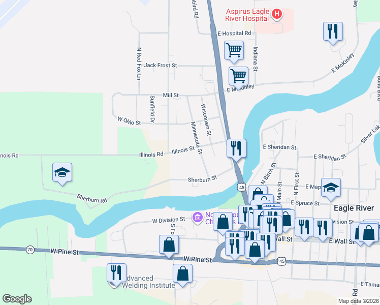 map of restaurants, bars, coffee shops, grocery stores, and more near 506 Minnesota Street in Eagle River