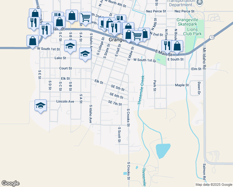map of restaurants, bars, coffee shops, grocery stores, and more near 100-198 E South 5th St in Grangeville