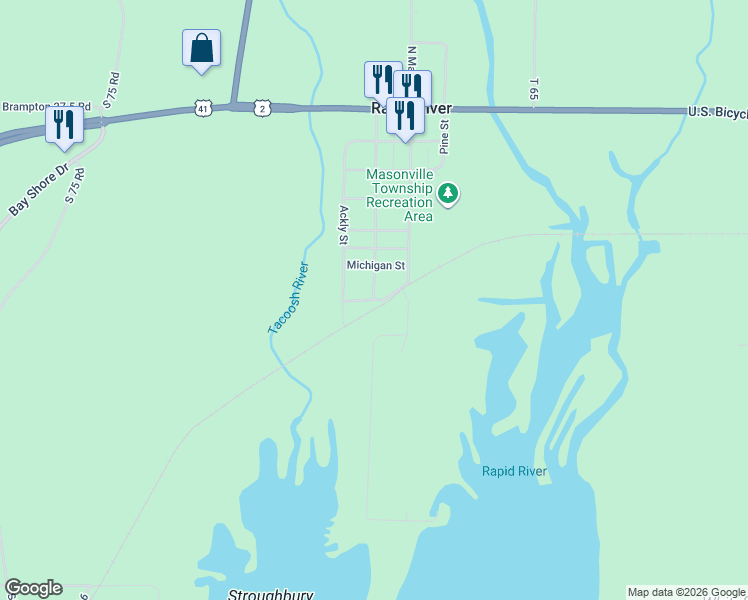 map of restaurants, bars, coffee shops, grocery stores, and more near 7864 Washington Street in Rapid River