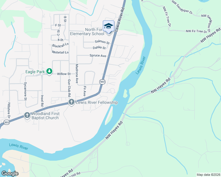 map of restaurants, bars, coffee shops, grocery stores, and more near 2117 Lewis River Road in Woodland