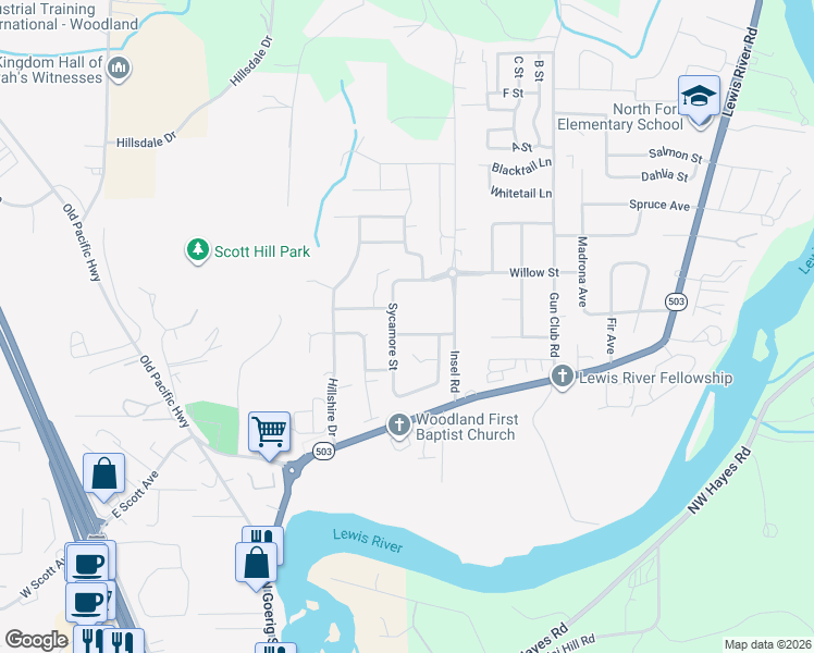 map of restaurants, bars, coffee shops, grocery stores, and more near 1825 Heartwood Drive in Woodland