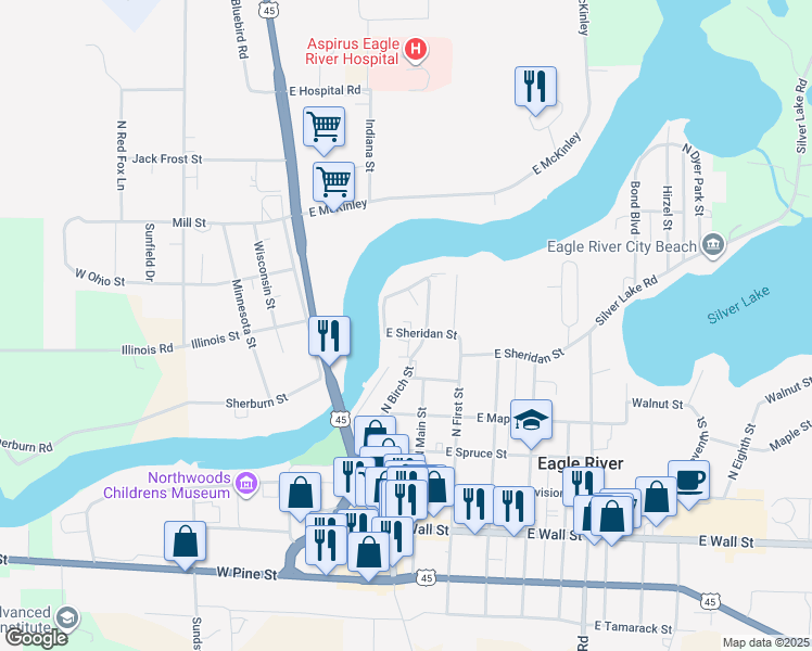 map of restaurants, bars, coffee shops, grocery stores, and more near 421 River Street in Eagle River