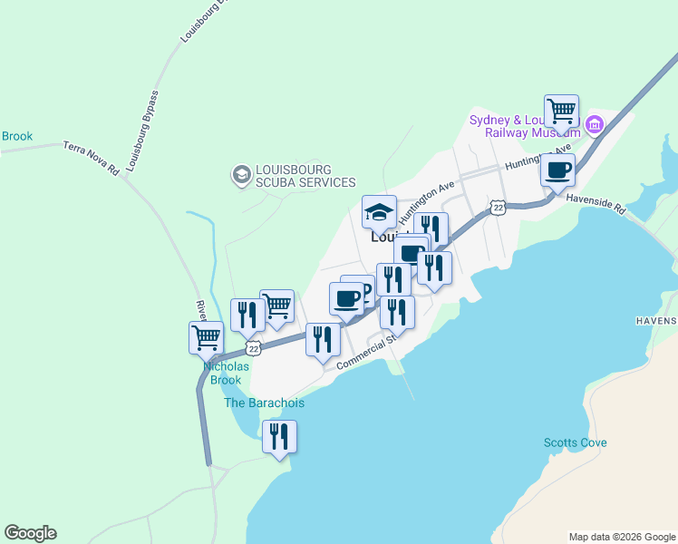 map of restaurants, bars, coffee shops, grocery stores, and more near 11 Milton Street in Louisbourg