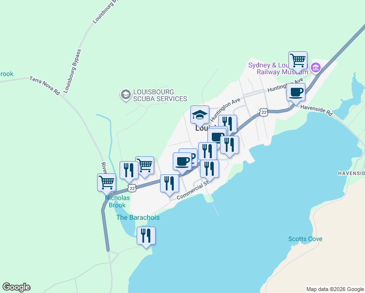 map of restaurants, bars, coffee shops, grocery stores, and more near 11 Milton Street in Louisbourg