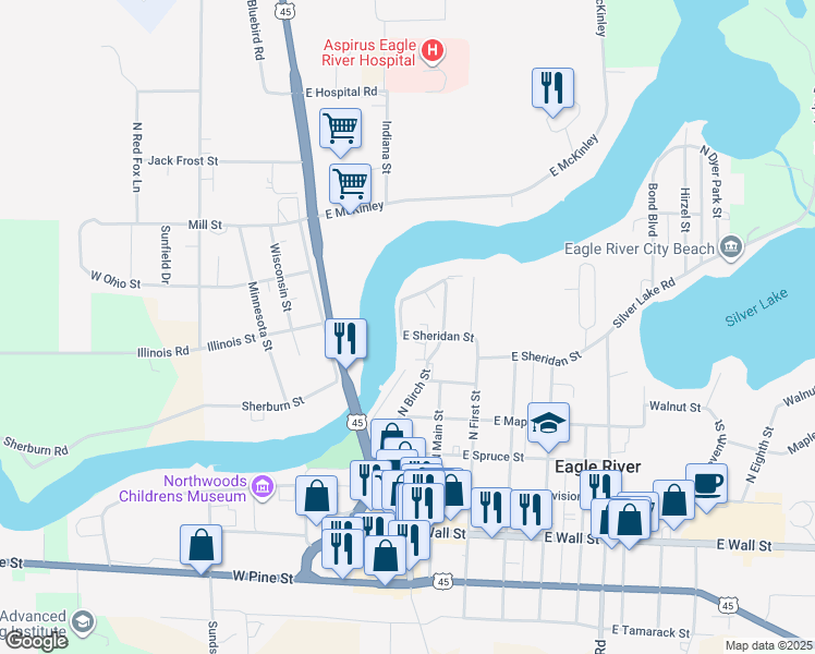 map of restaurants, bars, coffee shops, grocery stores, and more near 421 River Street in Eagle River