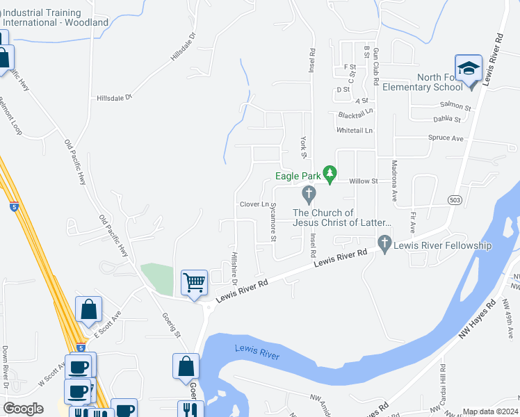 map of restaurants, bars, coffee shops, grocery stores, and more near 1782 Clover Lane in Woodland