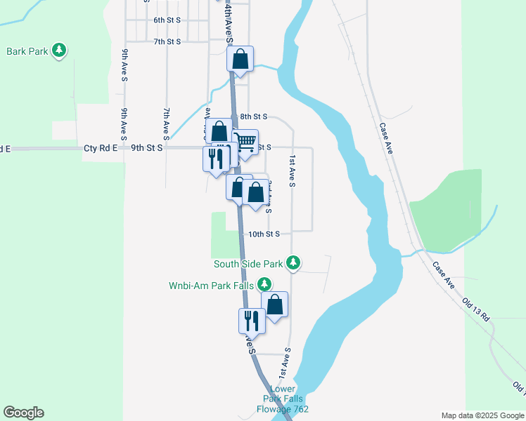 map of restaurants, bars, coffee shops, grocery stores, and more near 1157 South 4th Avenue in Park Falls