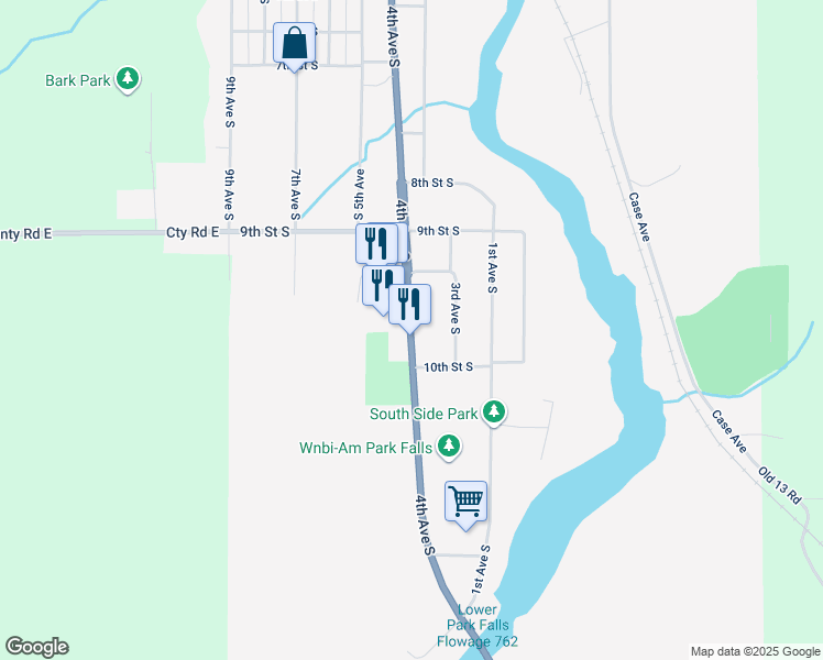 map of restaurants, bars, coffee shops, grocery stores, and more near 1157 S 4th Ave in Park Falls