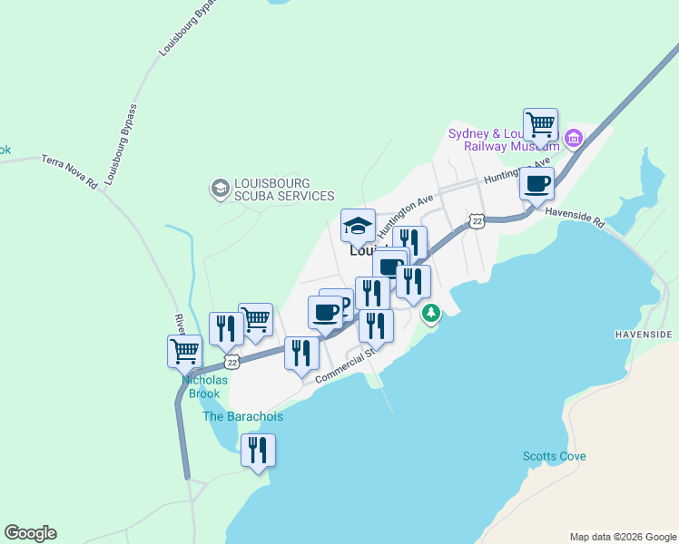 map of restaurants, bars, coffee shops, grocery stores, and more near in Louisbourg