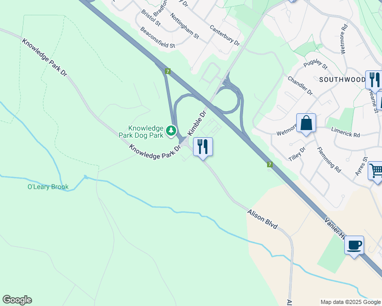 map of restaurants, bars, coffee shops, grocery stores, and more near 26 Alison Boulevard in Fredericton