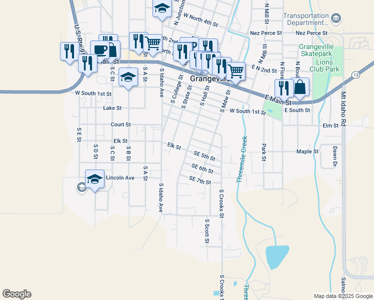 map of restaurants, bars, coffee shops, grocery stores, and more near 100 Southeast 5th Street in Grangeville