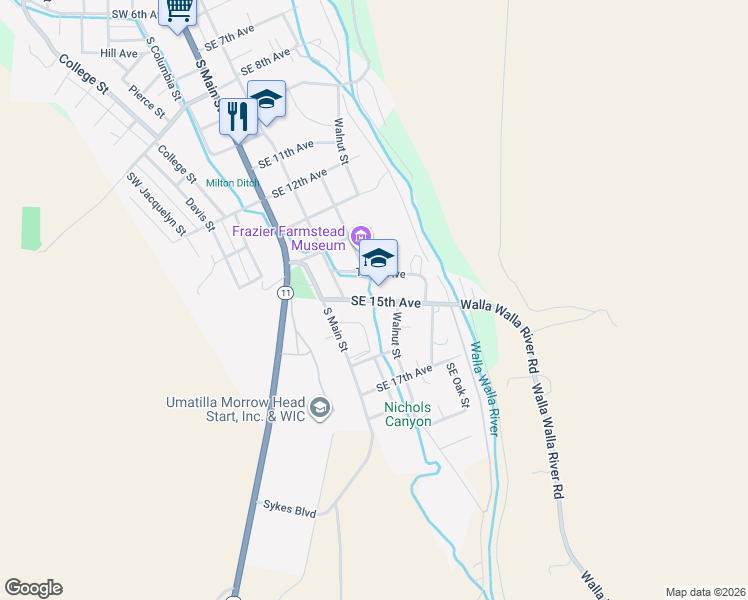 map of restaurants, bars, coffee shops, grocery stores, and more near 129 Southeast 15th Avenue in Milton-Freewater