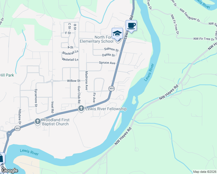 map of restaurants, bars, coffee shops, grocery stores, and more near 2126 Lewis River Road in Woodland