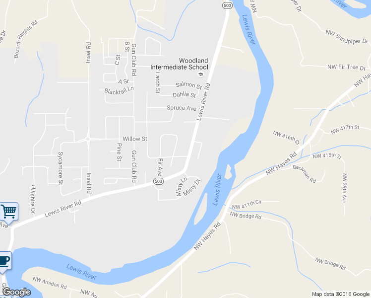 map of restaurants, bars, coffee shops, grocery stores, and more near 2126 Lewis River Road in Woodland