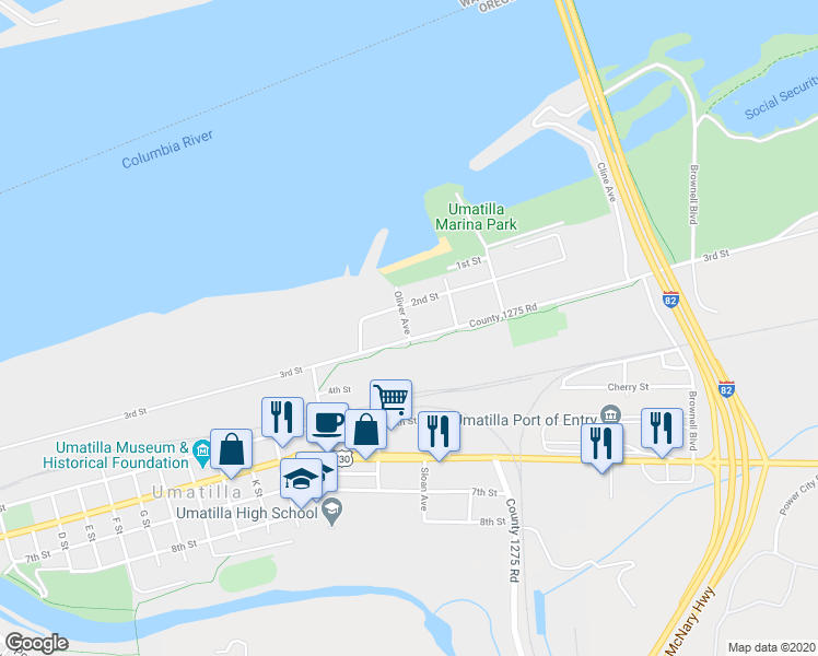 map of restaurants, bars, coffee shops, grocery stores, and more near 1501 3rd Street in Umatilla