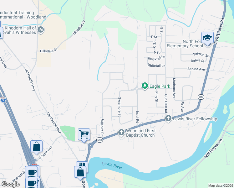 map of restaurants, bars, coffee shops, grocery stores, and more near 300 Thistle Court in Woodland