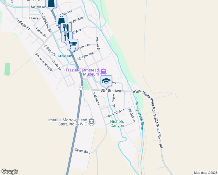map of restaurants, bars, coffee shops, grocery stores, and more near 129 Southeast 15th Avenue in Milton-Freewater