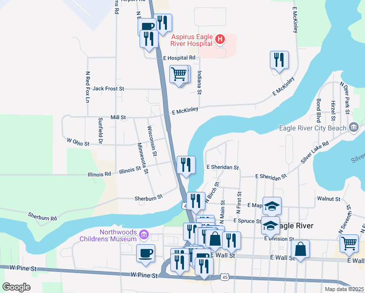 map of restaurants, bars, coffee shops, grocery stores, and more near 531 North Railroad Street in Eagle River